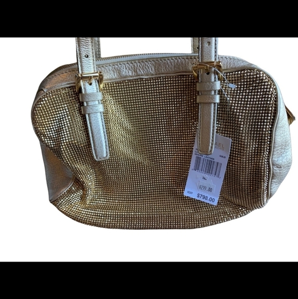 🍁🍂💣💫👀800$NWT !! SUPER RARE HTF!! MICHAEL KORS GOLD LEATHER MESH SATCHEl - Picture 1 of 11
